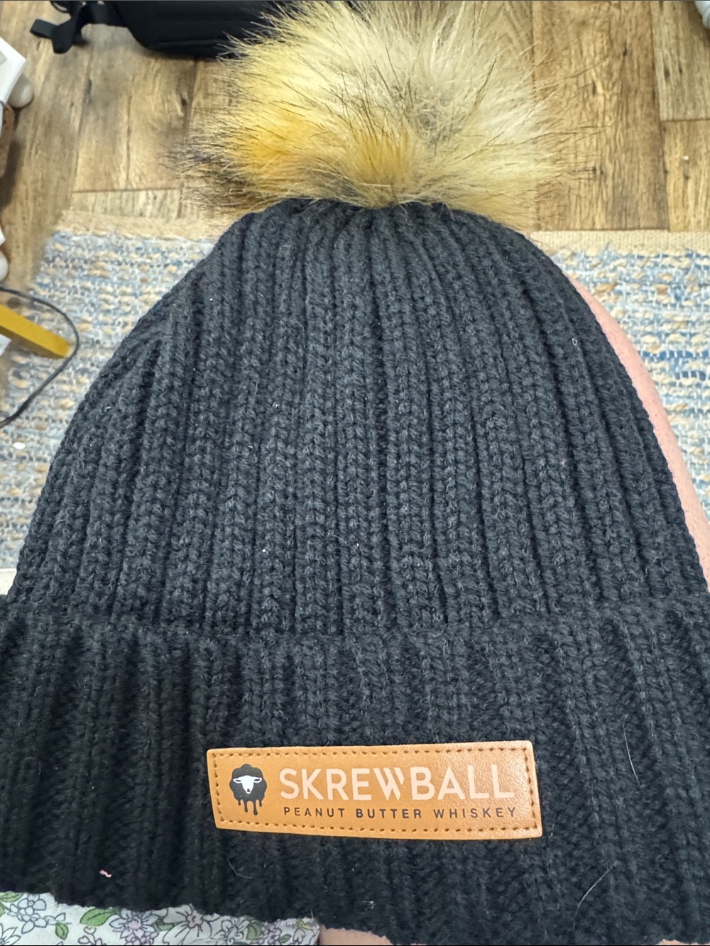 Black Knit Pom Beanie with Faux Fur Pom